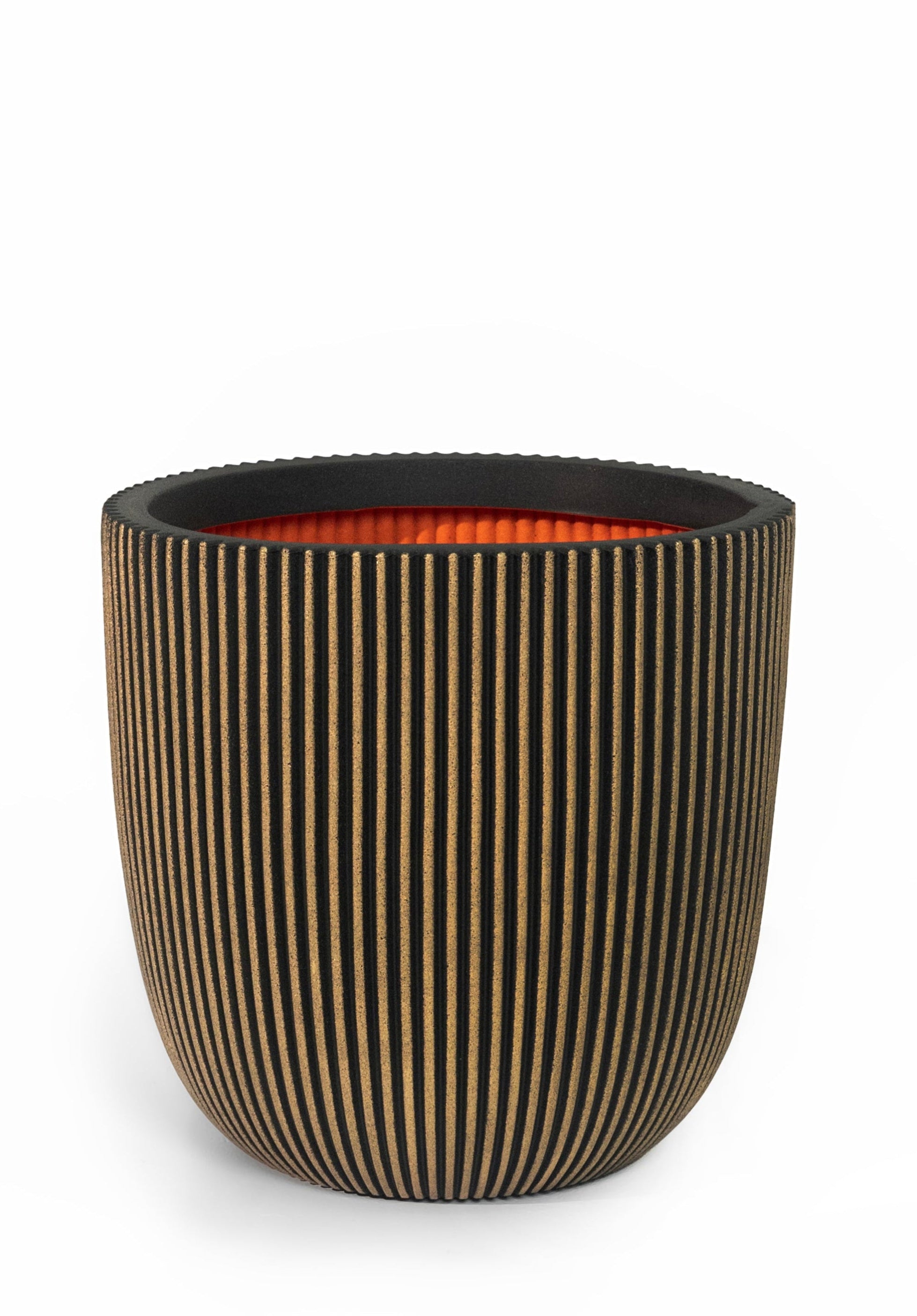 Capi Black/Gold Round Planter – 16" Vertical Grooved Texture