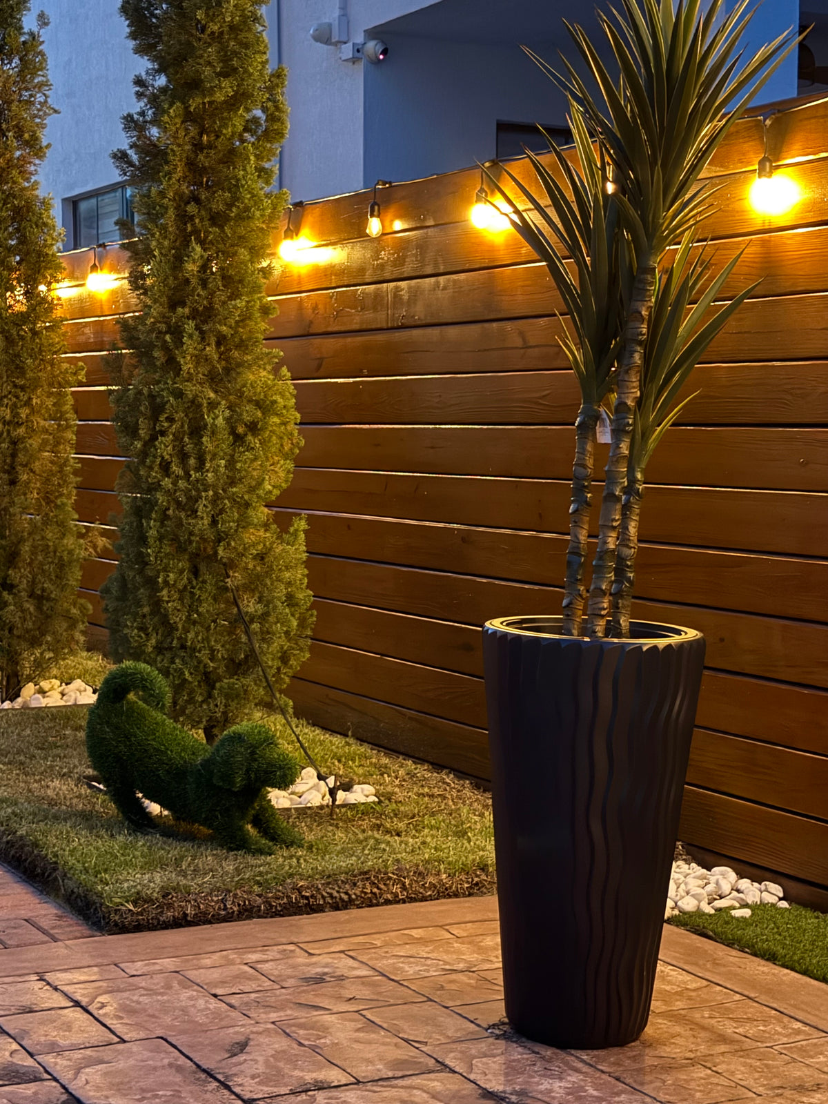 Textured Vertical-Line Round Planter – 28" Tall, Black