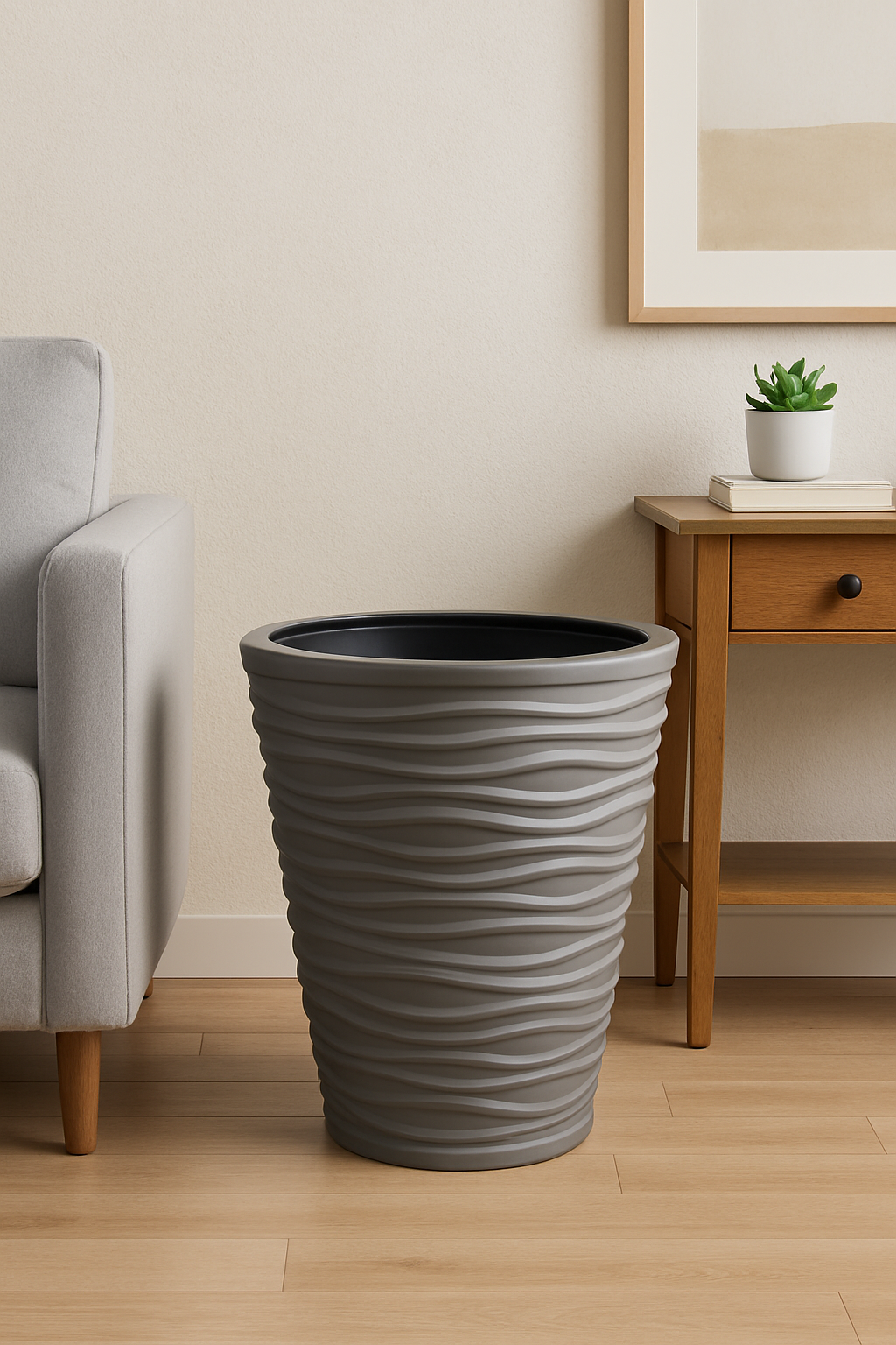 Wave City Medium Gray Round Planter – 17.5" Wavy Textured Design