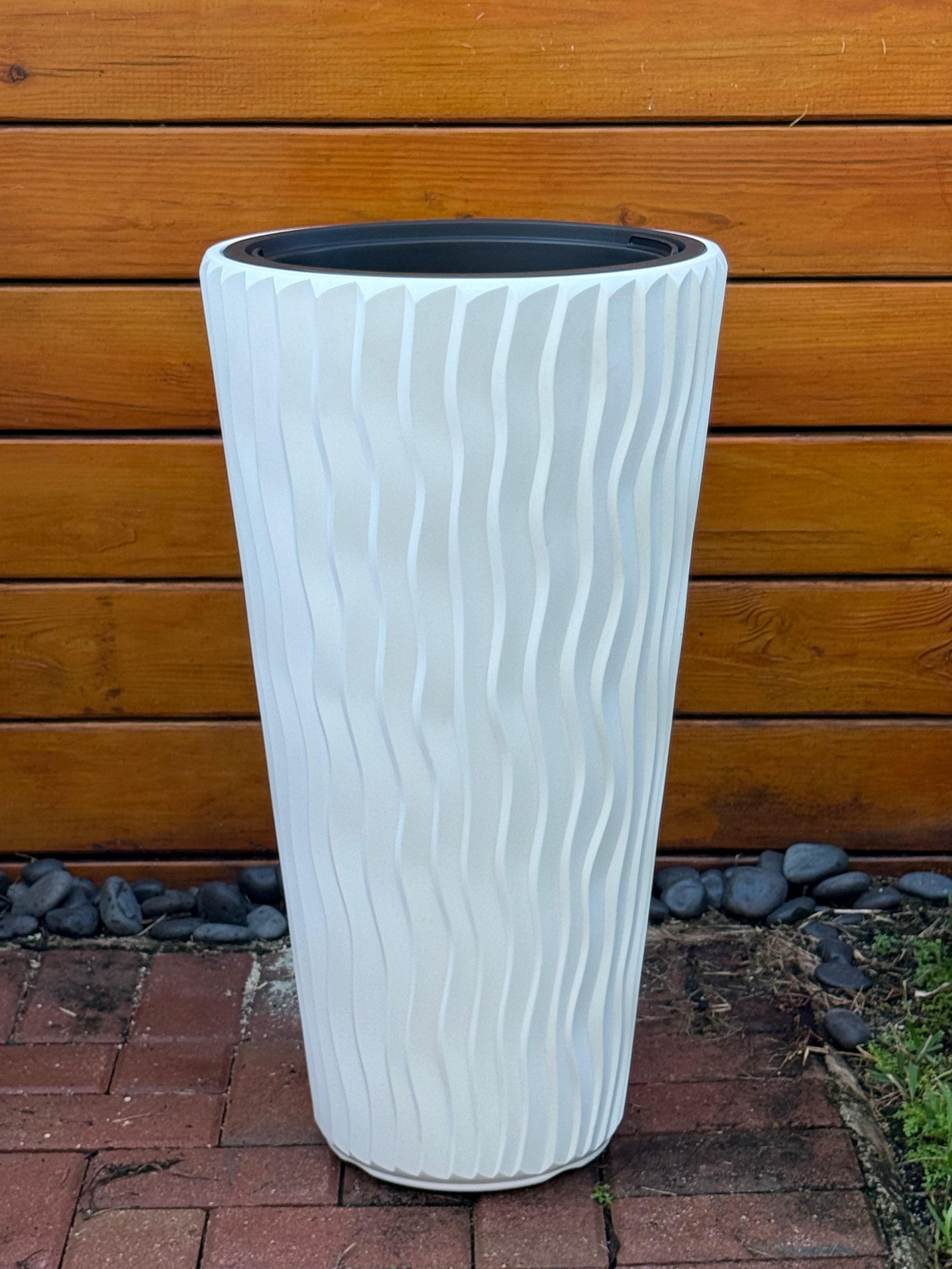 Textured Vertical-Line Round Planter – 28" Tall, White