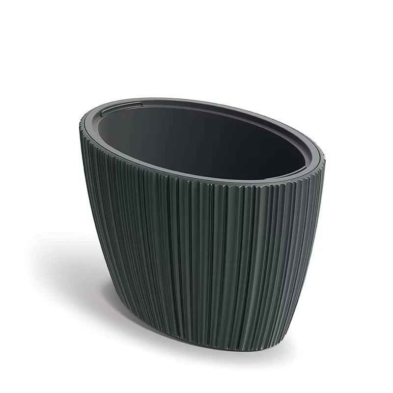 Oro Black Oval Planter – 15" Vertical Ribbed Texture