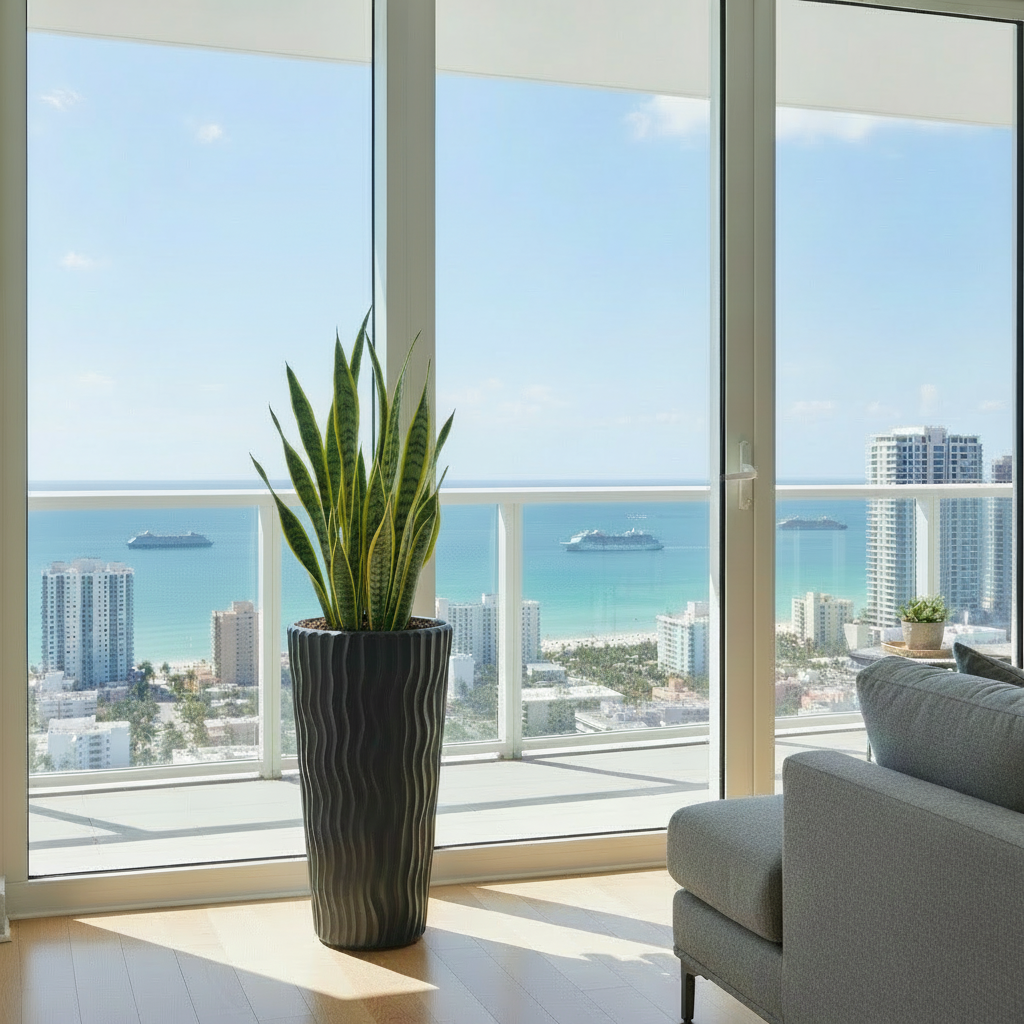 Sand City Round Planter – 29.5" Black Vertical Wavy Line Design