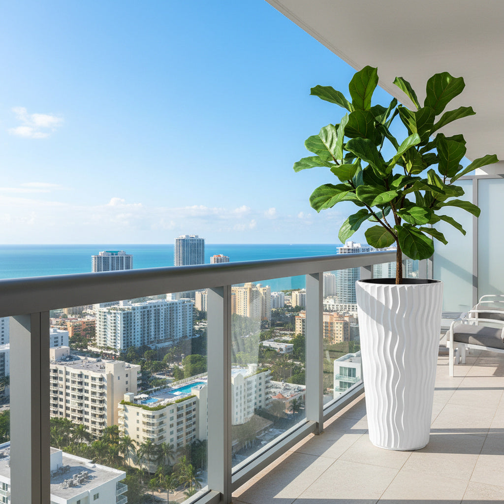 Sand City Round Planter – 29.5" White Vertical Lined Design