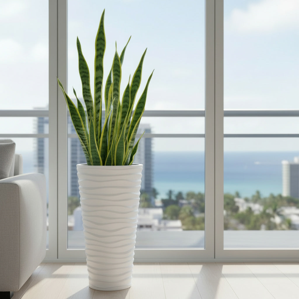 Wave City Round Planter – 29.5" White Wavy Textured Design