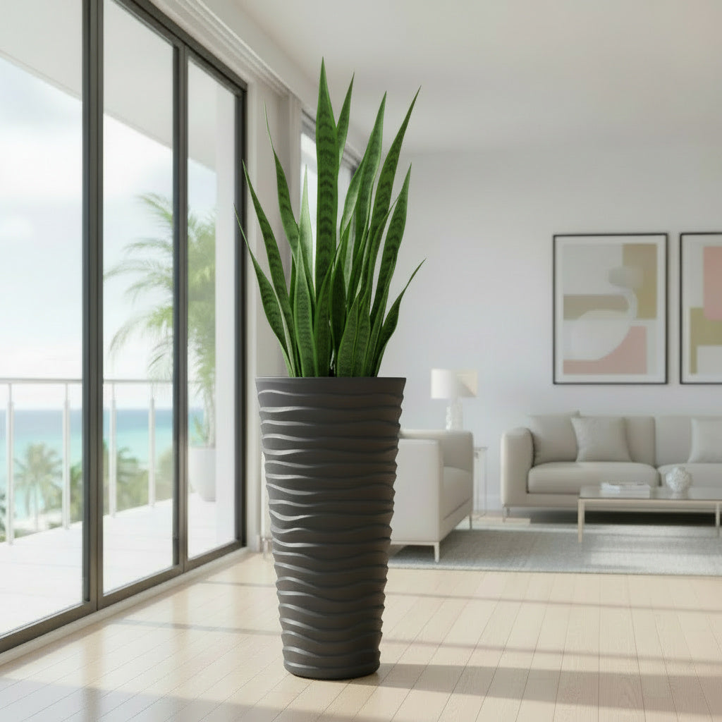 Wave City Round Planter – 29.5" Gray, Wavy Textured Design