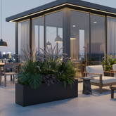 Wide low rectangular matte charcoal fiberglass planter styled in a sophisticated modern interior with tropical plants
