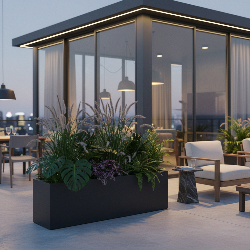 Wide low rectangular matte charcoal fiberglass planter styled in a sophisticated modern interior with tropical plants