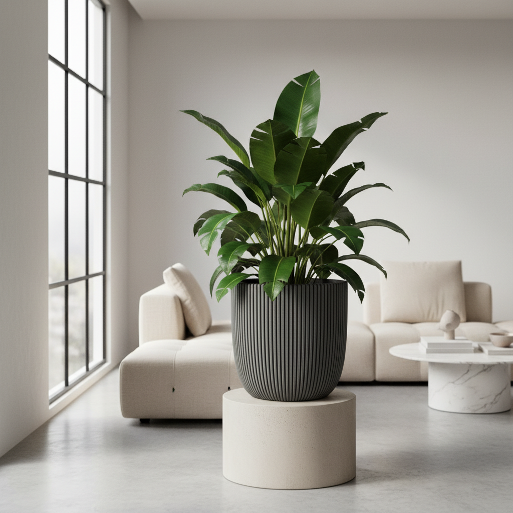 CAPI Groove Planter Anthracite styled in a sophisticated minimalist interior with tropical plant