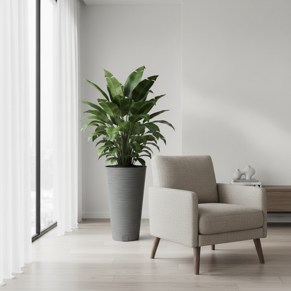 Furu Round Planter Gray styled in a minimalist interior with tropical plant