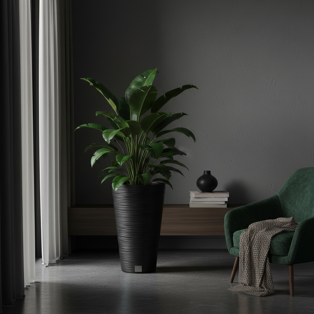 Furu Round Planter Black styled in a dramatic modern interior with tropical plant