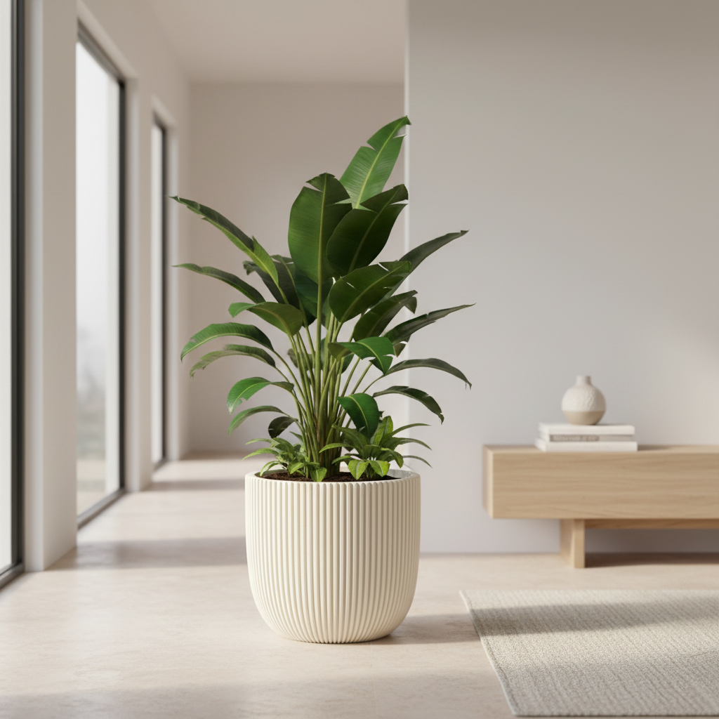 CAPI Groove Planter Ivory styled in a bright airy luxury interior with tropical plant