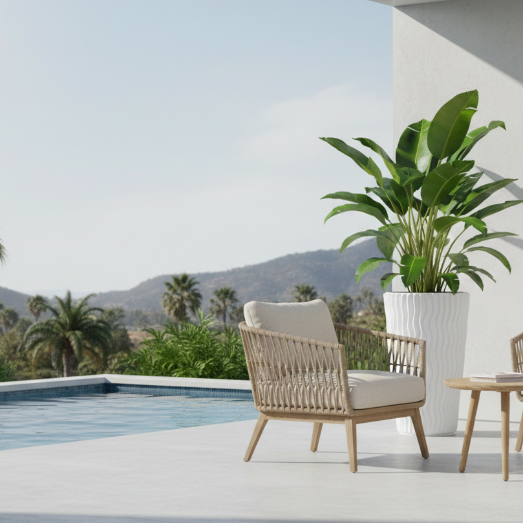 Sand City White planter styled on a bright modern outdoor patio with tropical plant