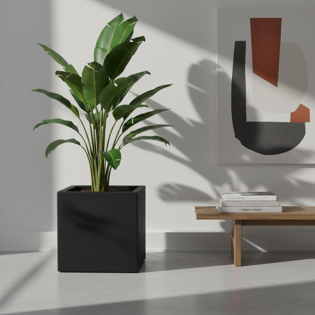 CAPI Square Planter Black styled in a sleek contemporary interior with tropical plant