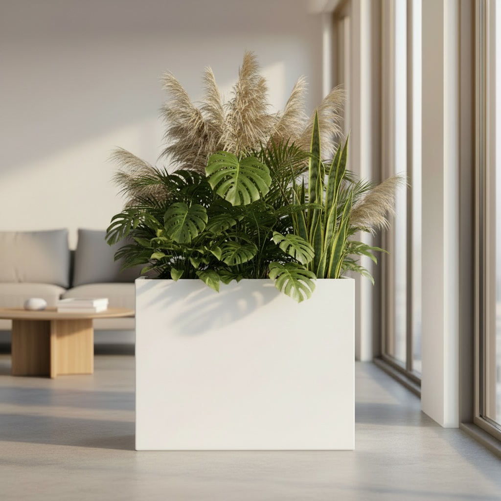 Tall wide rectangular matte white fiberglass planter styled in a bright minimalist luxury interior with tropical plants