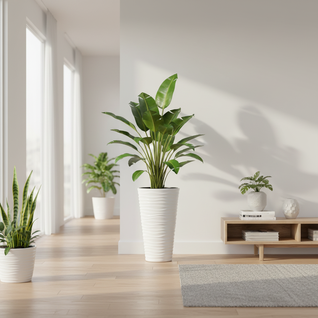 Wave City White planter styled in a bright airy luxury interior with tropical plant
