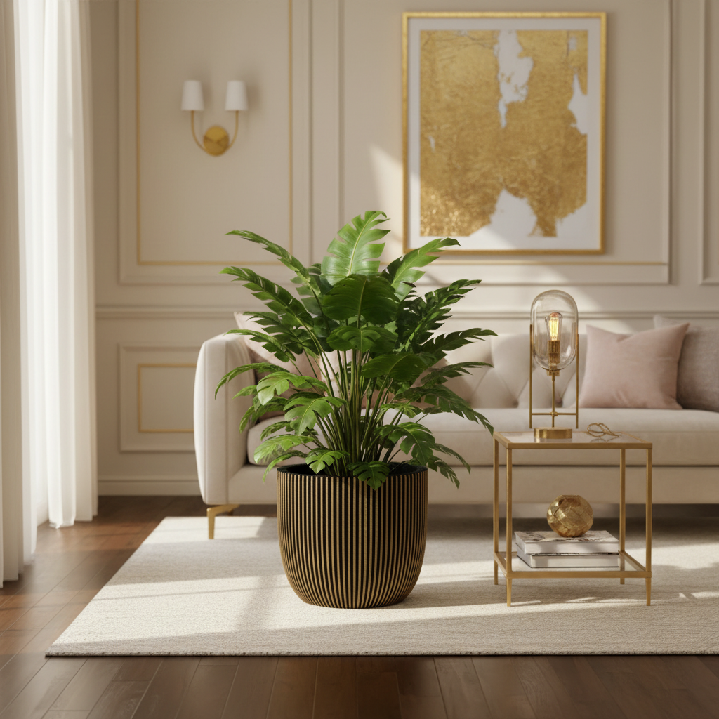 CAPI Groove Planter Black and Gold styled in an opulent modern interior with tropical plant