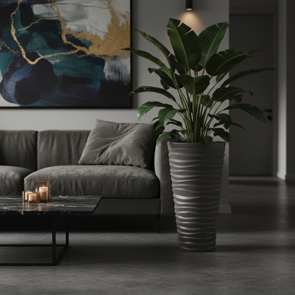 Modern Wavy Round Planter Gray Tall