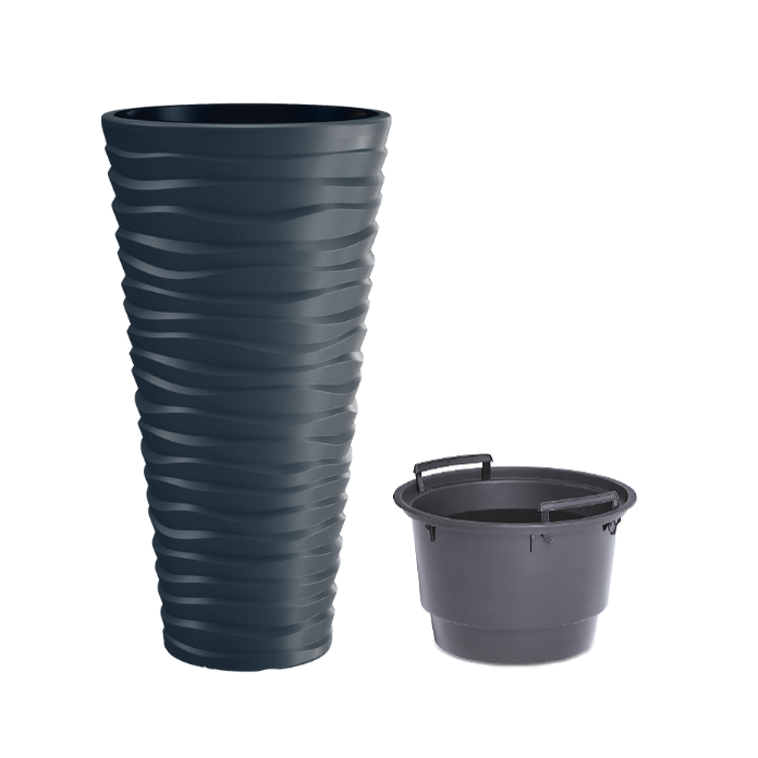 Wave City Round Planter – 29.5" Black, Wavy Textured Design