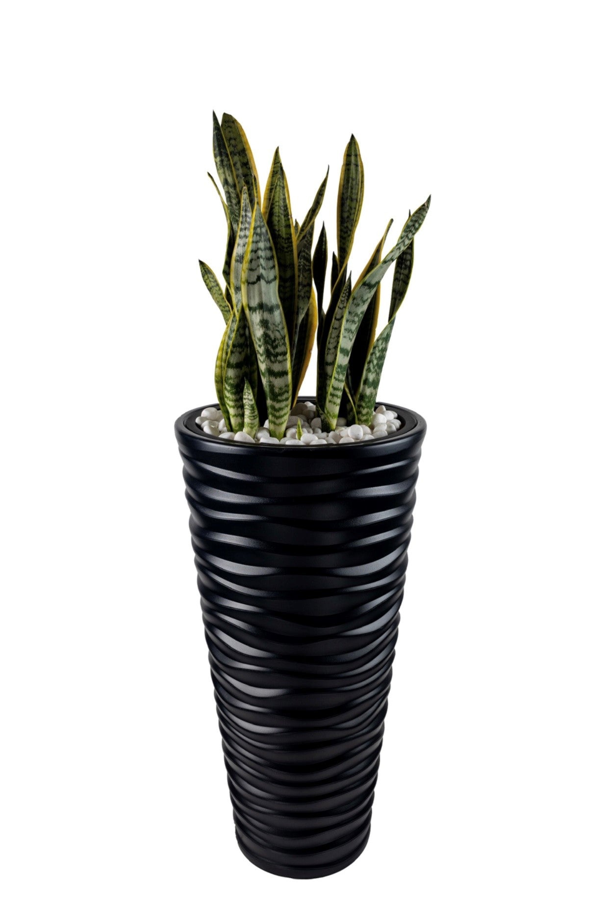 Wave City Round Planter – 29.5" Black, Wavy Textured Design