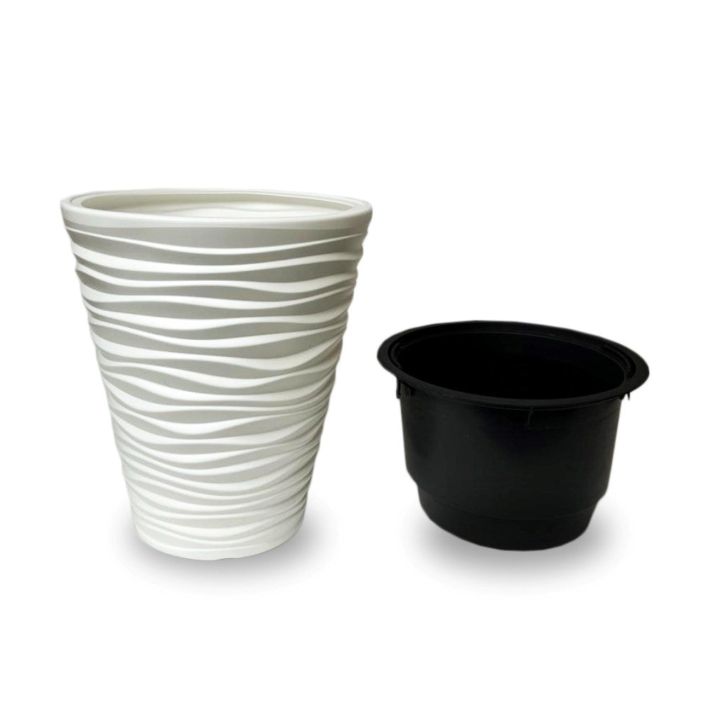 Wave City Medium White Round Planter – 17.3" Wavy Textured Design
